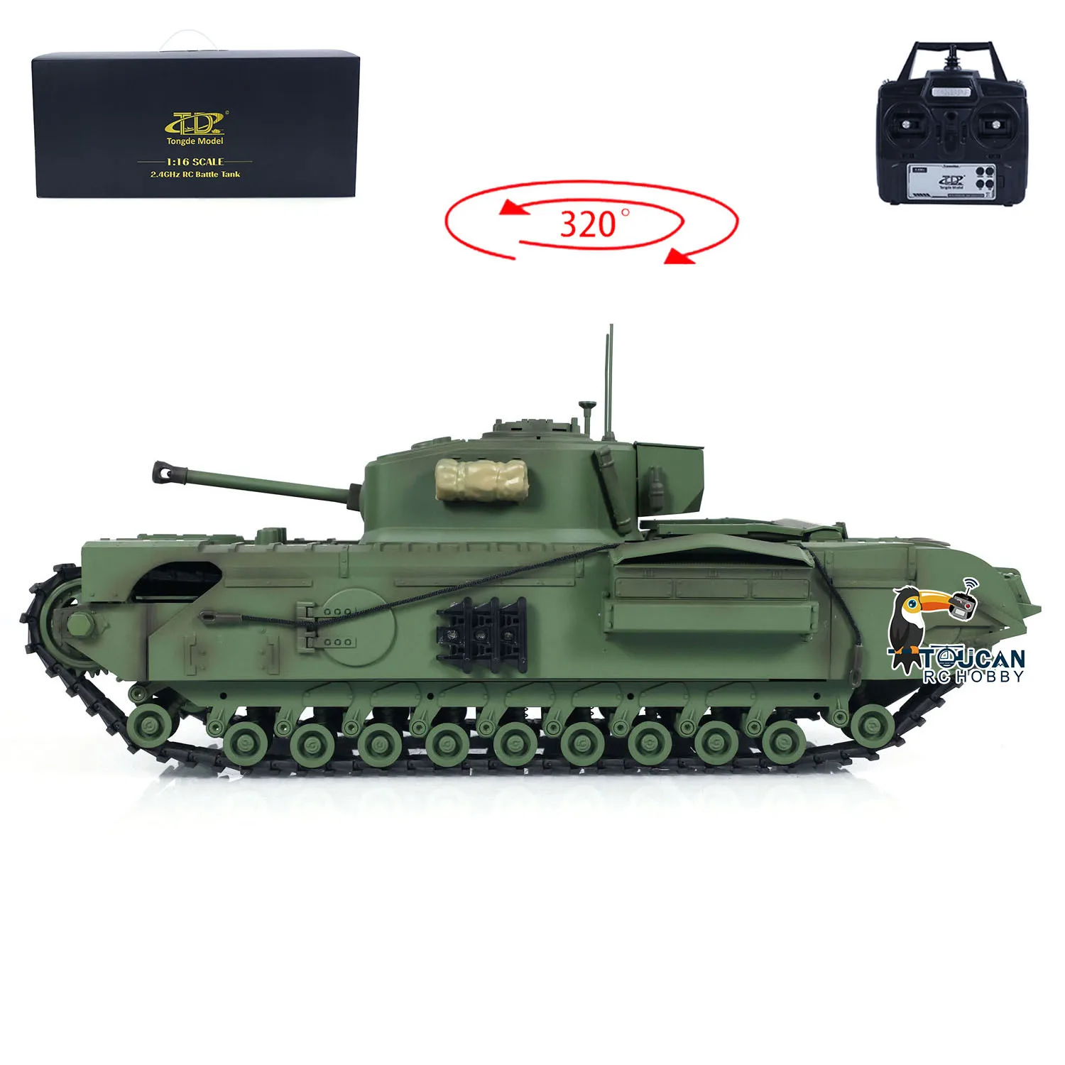 Tongde 1/16 RC ถัง Churchill Mk.VII ไฟฟ้าอินฟราเรด Battle ของเล่น Barrel รีโมทคอนโทรลสําหรับหดตัวแฟนทหาร