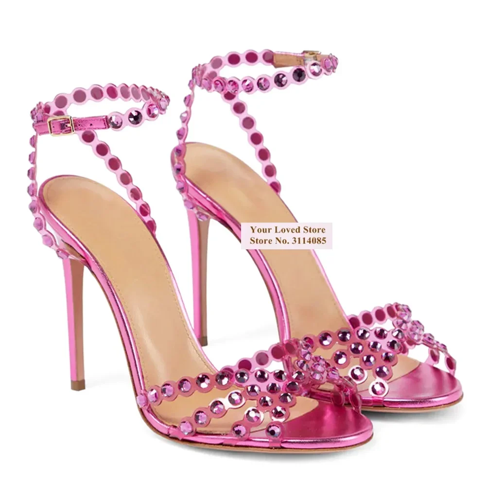 Choudory Pink Orange PVC Crystal High Heel Sandals Tranparent Cross Strap Shining Rhinestone Bride Pumps Buckle Strap Heels