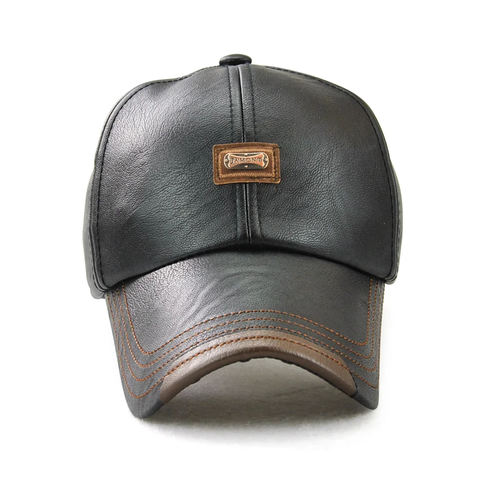 

PU Leather Baseball Cap For Men Fall Winter Faux Leather Dad Hat Middle-aged Snapback Solid Black Color Adjustable gorras hombre