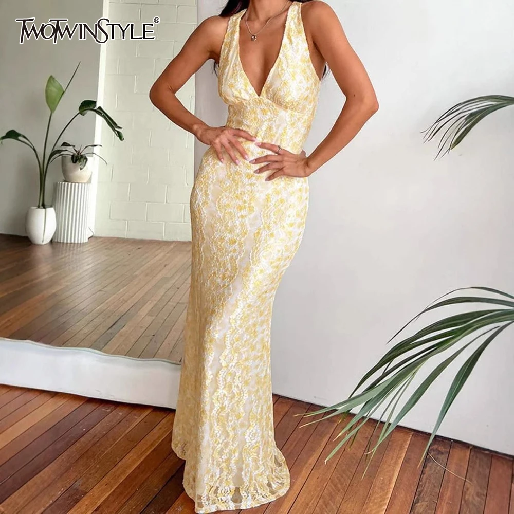 

TWOTWINSTYLE Solid Slimming Dresses for Women Deep V Neck Sleeveless High Waist Temperament Long Dress Female Fashion