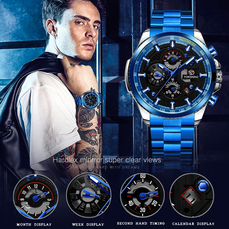 Sport Waterproof Luminous Blue Big Mechanical Watches Luxury Stainless Steel Men Watch Multifunctional Automatic Date Wristwatch