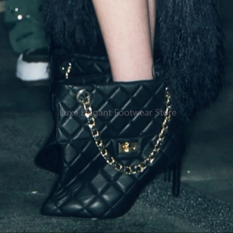 

Metal Chain Bag-Style Wide Tube Ankle Boots Women Mesh Slip On High-Heeled Short Boots Fashion Trendy Party Autumn Winter Shoes
