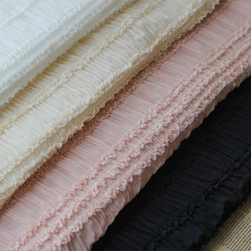 

Striped Wrinkled Chiffon Hook Embroidered Fabric Fairy Chiffon Fabric Wedding Dress Stretch Tulle Fabric