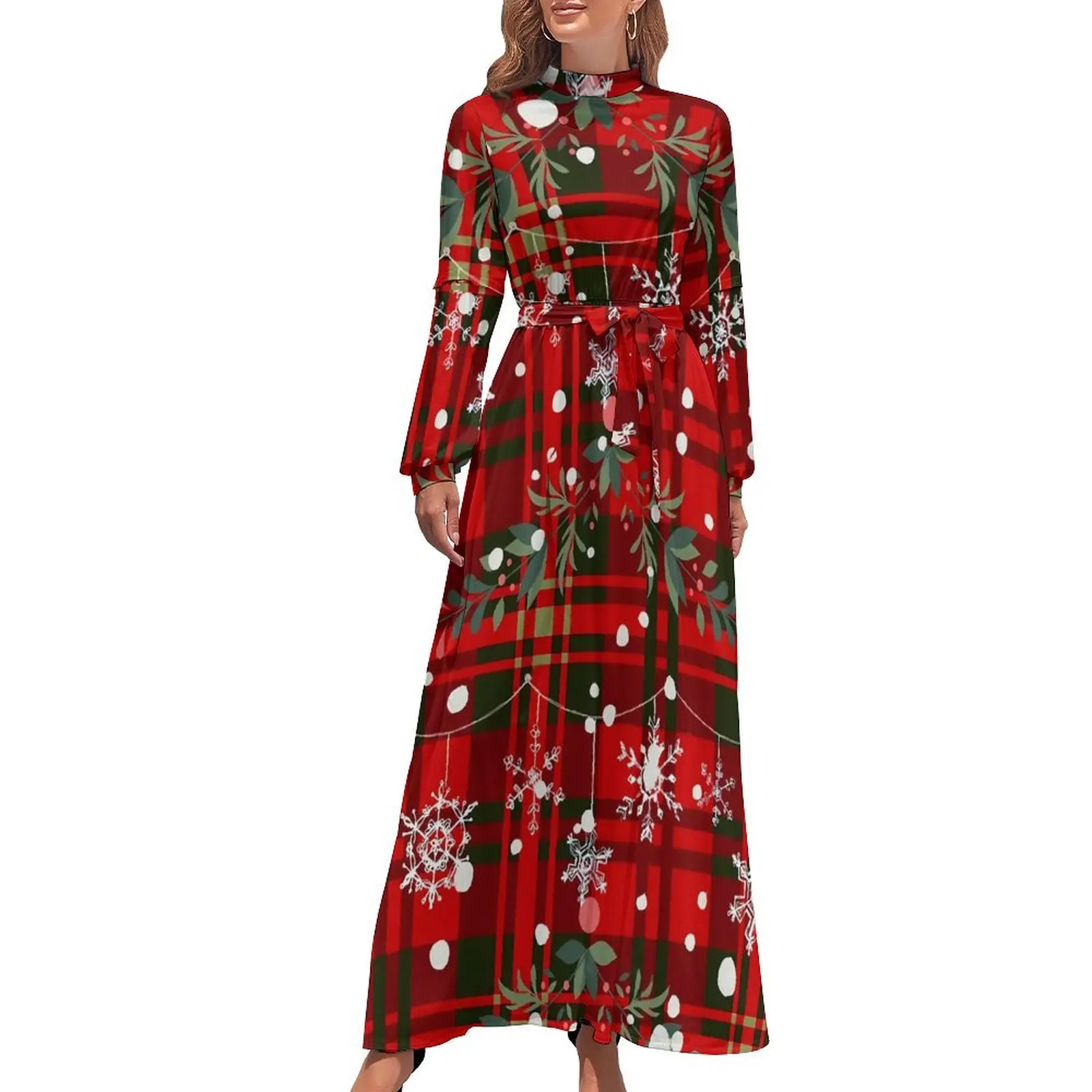 

Christmas Snowflake Dress Long Sleeve Red Plaid Print Sexy Maxi Dress High Neck Streetwear Graphic Boho Beach Long Dresses Gift