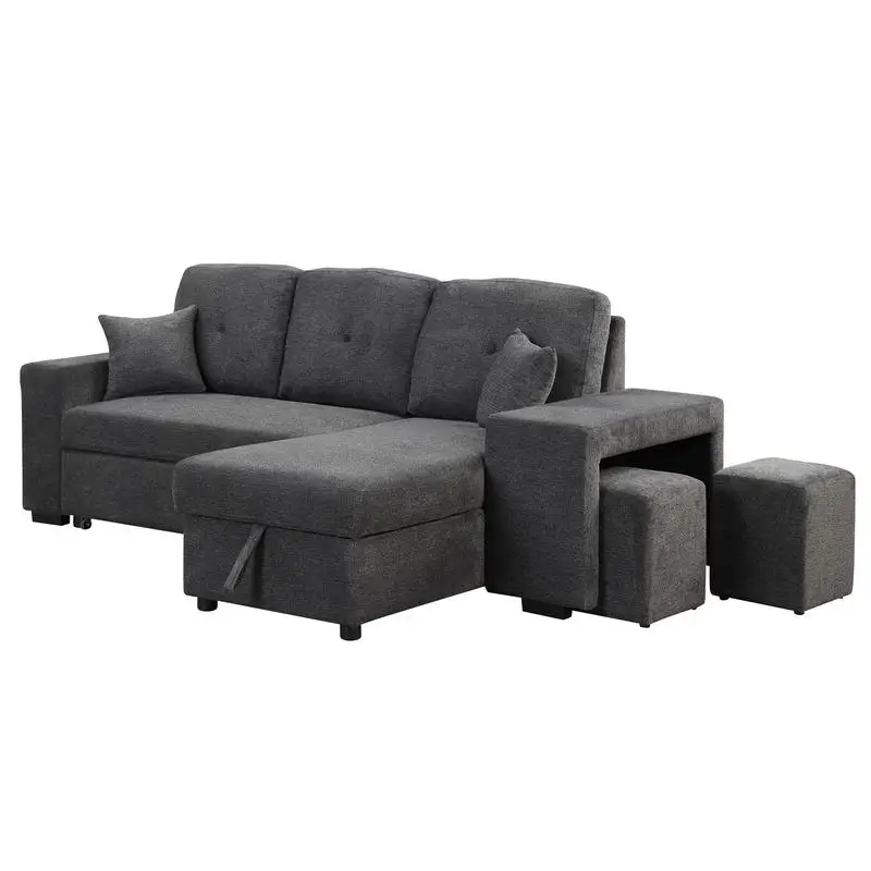 Reversible Sleeper Sectional Sofa Bed with Side Shelf and Stools, L-Shaped Pull-Out Corner Sofa Bed with Storage Chaise,