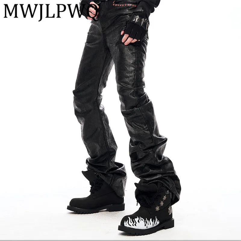 

MWJLPWQ High Street Brushed Machete Jeans For Men Autumn Winter Slim Fit Flared Long Pants Niched Hiphop Casual Bottom 12755