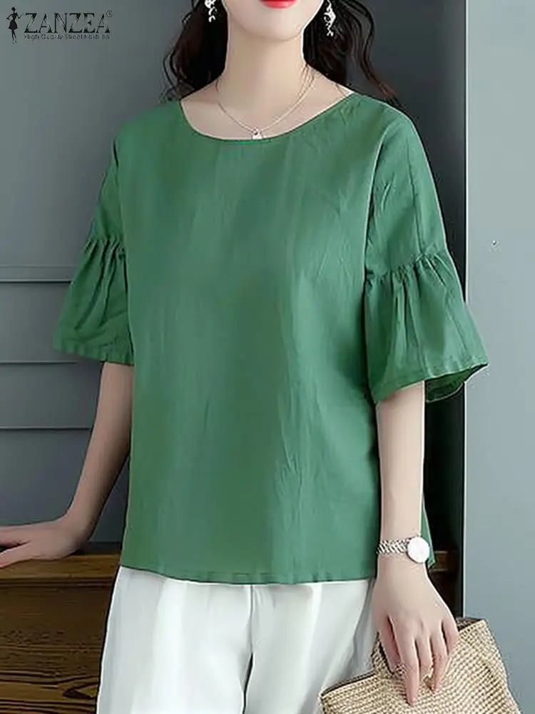 ZANZEA Casual Solid Color Blouse Holiday Ruffled Half Sleeve Tops 2024 Summer O-neck Tunics Korean Fashion Basic Blouse Femme