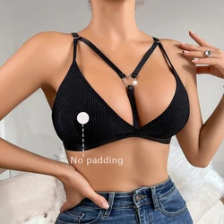 Sexy Women Bras Ribbed Backless Underwear No Steel Ring Bras Women Casual Bralette Camisole Adjustable Sexy Lingerie