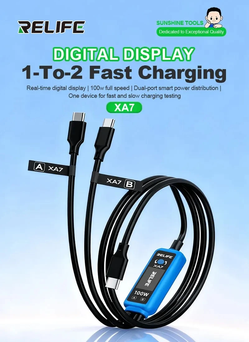 RELIFE XA7 1-to-2 Super Fast Charging Cable Digital Display 100w Full-speed Fast Charging Multi-function Repair Tools
