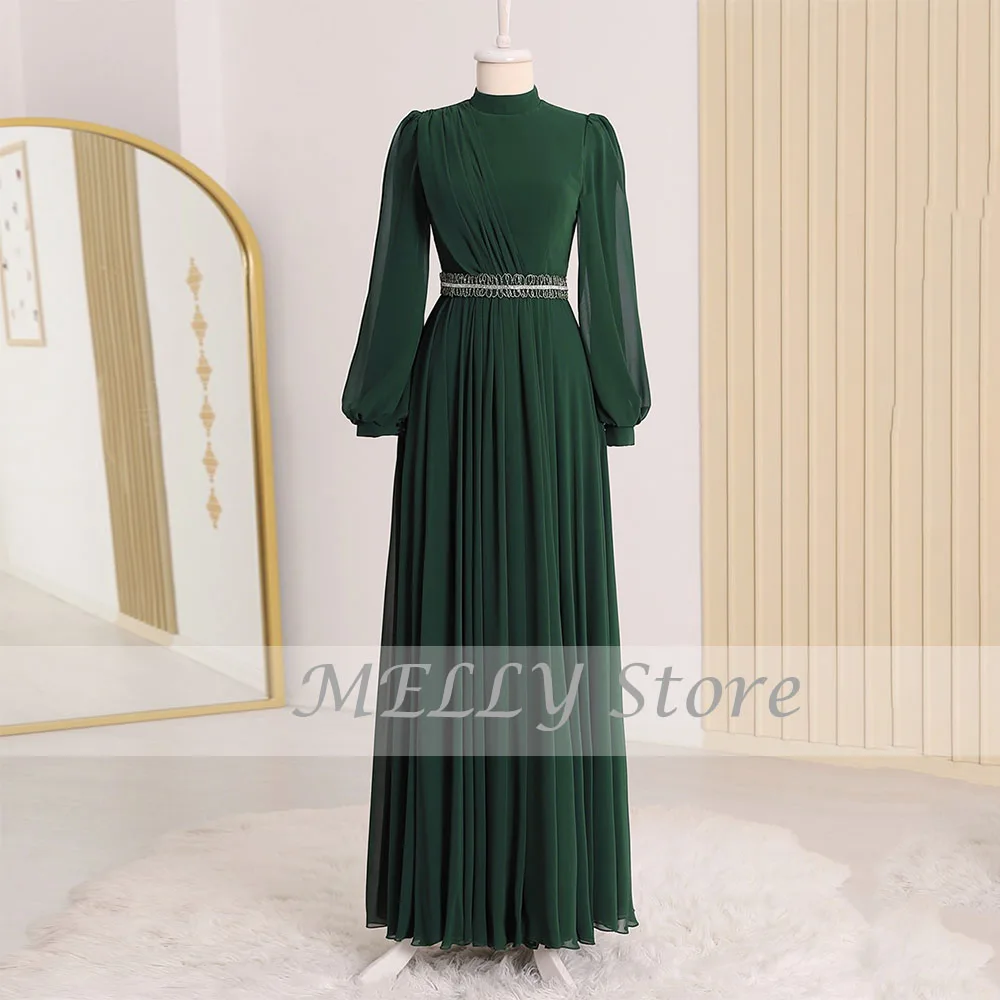 Schwarz Abendkleider Für Frauen High Neck Voll Sleeves Zipper Prom Kleider Gürtel Chiffon A-Line Bodenlangen Roben De Soirée