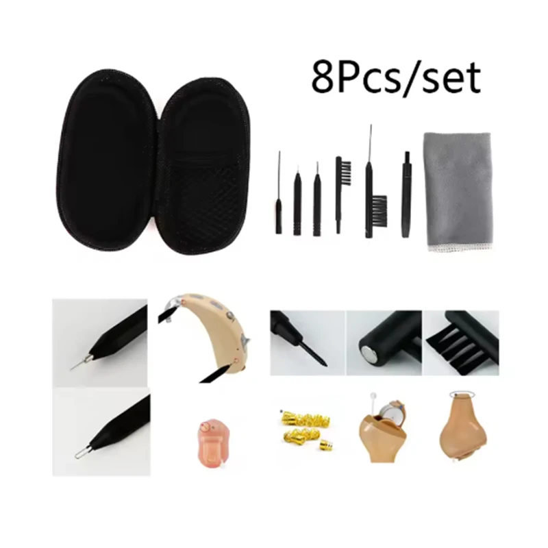 8Pcs Hearing Aid Cleaning Tools Small Brush Clean Needles Magne Wax Cloth Earbuds Care Accessories Kit