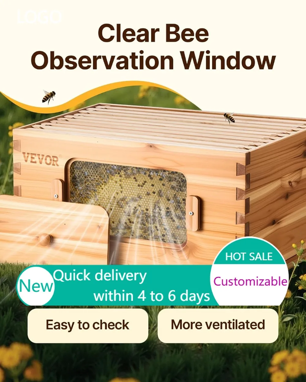 Bee Hive 10 Frame Starter Kit, Beeswax Coated Fir Wood, 1 Deep + 1 Medium Boxes, Langstroth Beekeeping with Acrylic Windows