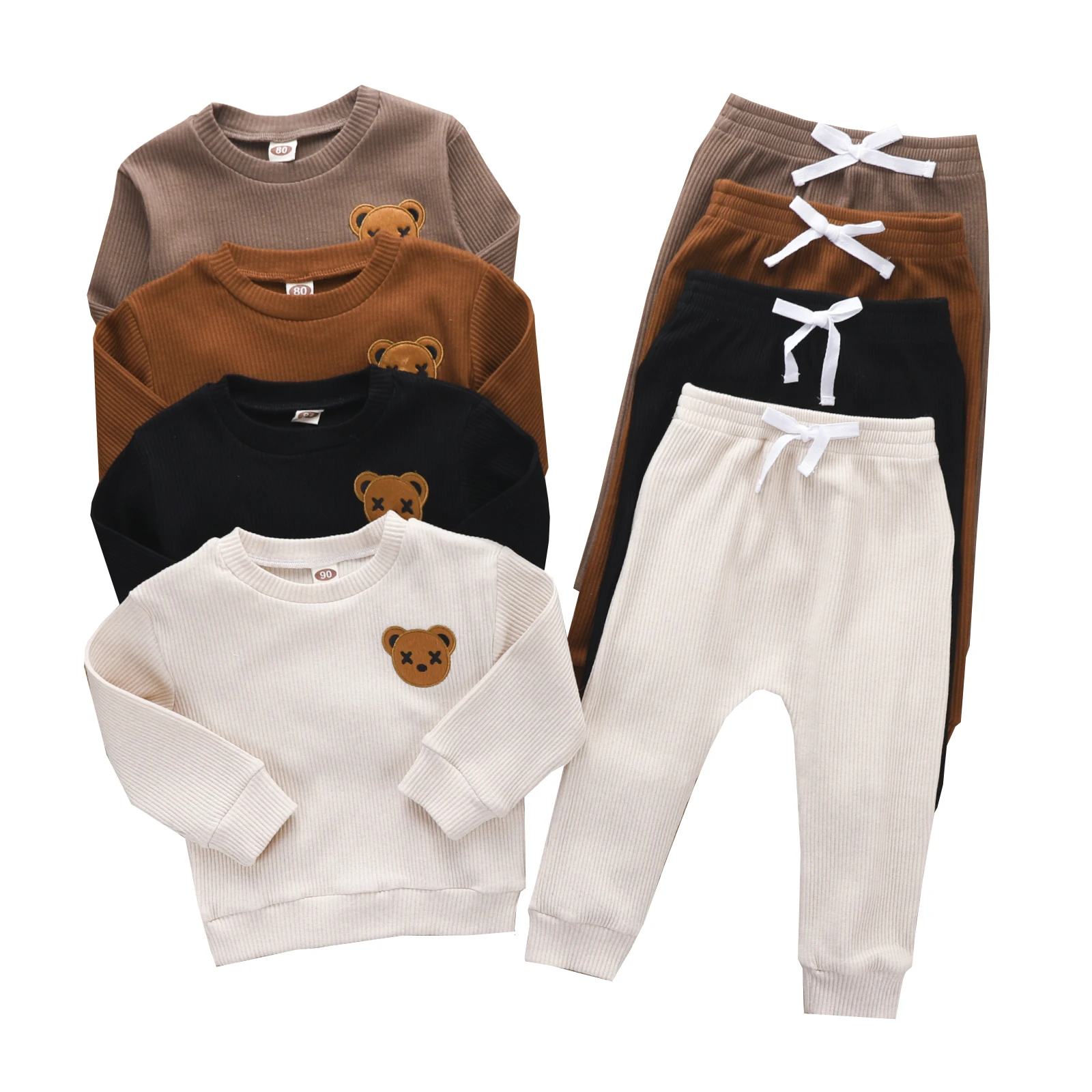 2022-06-02 Lioraitiin 0-4Years Little Toddler Boy Round Neck Long Sleeve Embroidered Bear Patch Tops Elastic Waist Long Pant