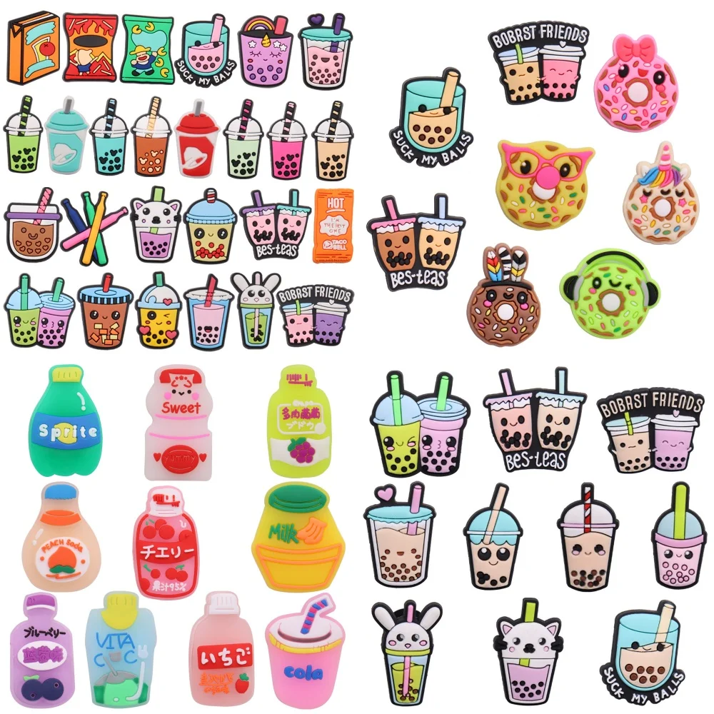 

8-26Pcs Kawaii Colorful Soft Drinks Bubble Tea Donut PVC Shoe Charms For Clogs Pins Sandals Garden Shoes Ornament Kid Party Gift