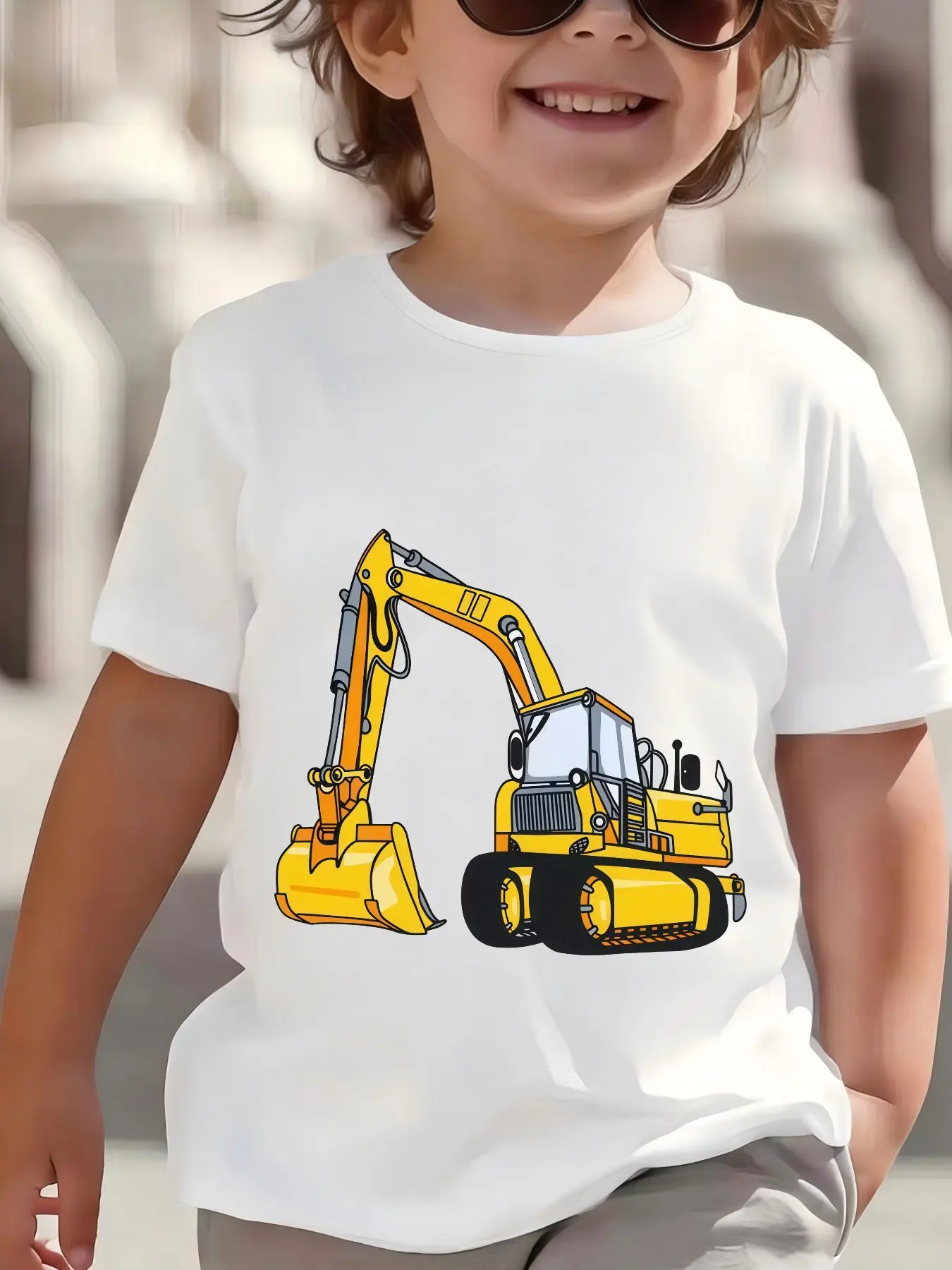 Kids Yellow Excavator Graphic Tee Boys Girls Family Matching Short Sleeve Construction Cartoon Casual Daily Wear T Shirt