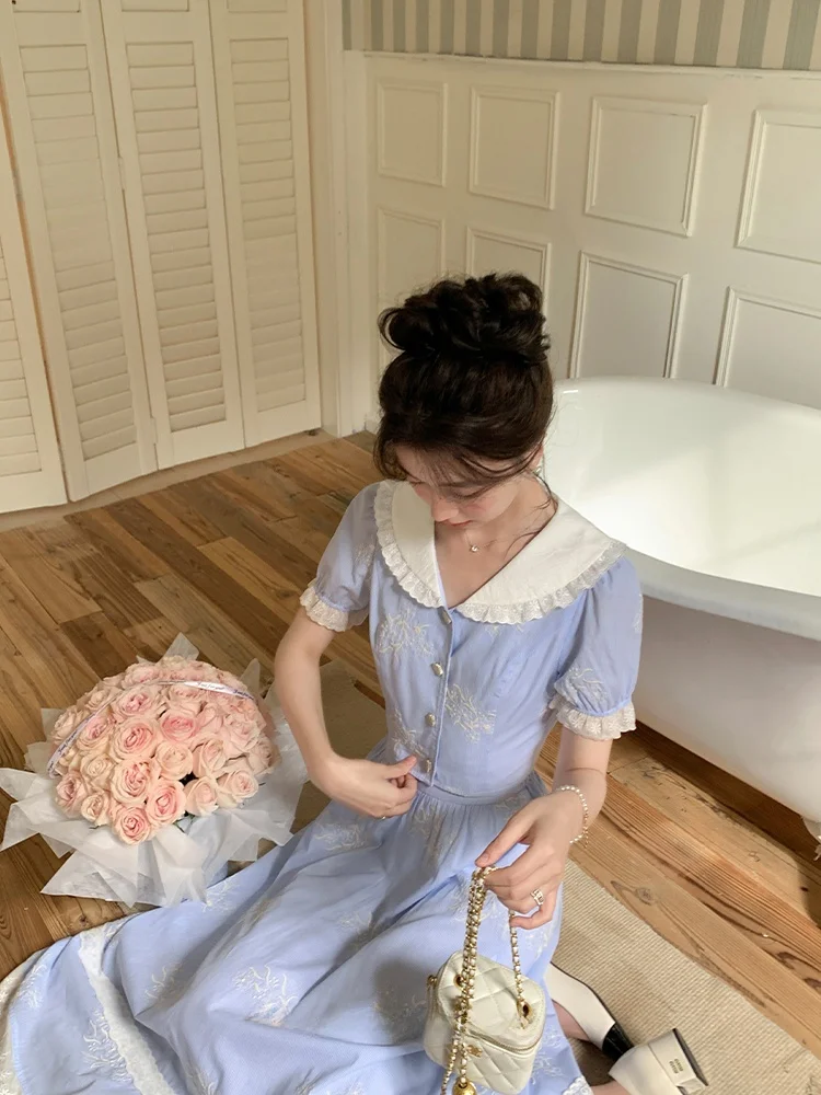 

Синий комплект из двух предметов с воротником-стойкой и коротким рукавом для женщин, летний элегантный наряд из серии Aunt Deer Uncle Zhuo Miu, модный образ