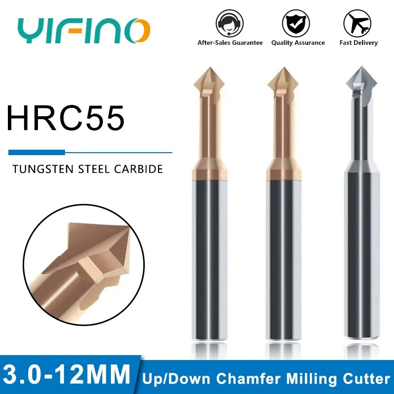 YIFINO HRC55 Tungsten Steel Carbide 90° Up And Down Chamfering Milling Cutter For Steel/Aluminum CNC Machining Endmills Tools