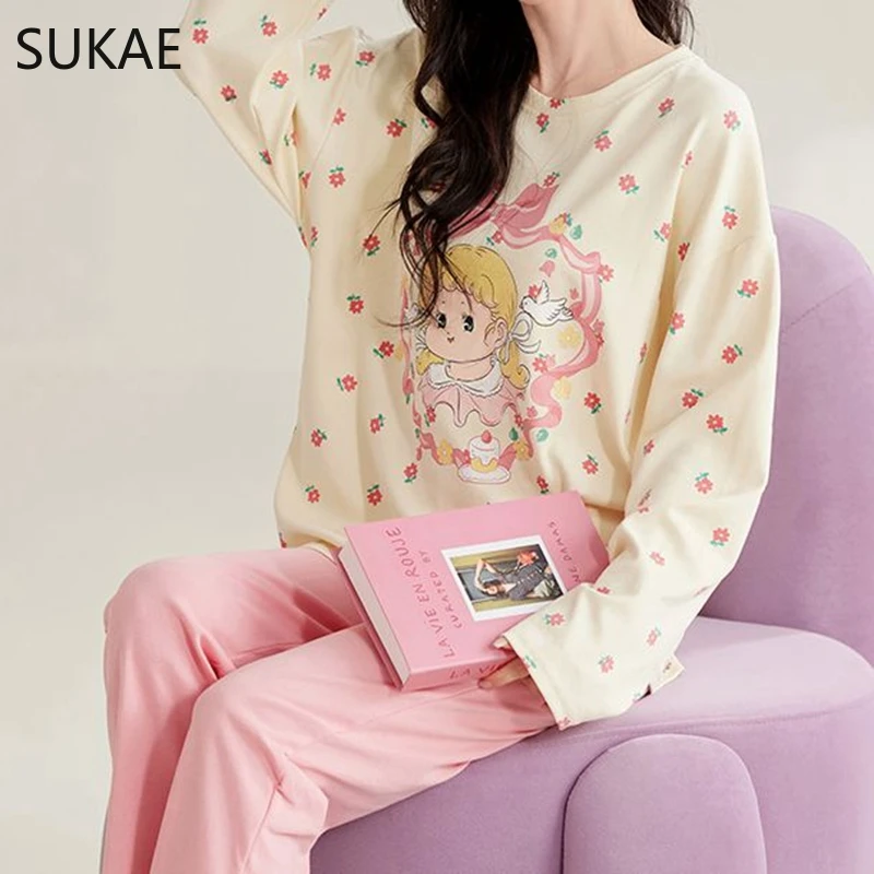 SUKAE Cute Cartoon Loungewear Women Autumn Spring Woman Pajama Set Homesuit Mujer Sleepwear Pullover Long Sleeves Girl Nightwear