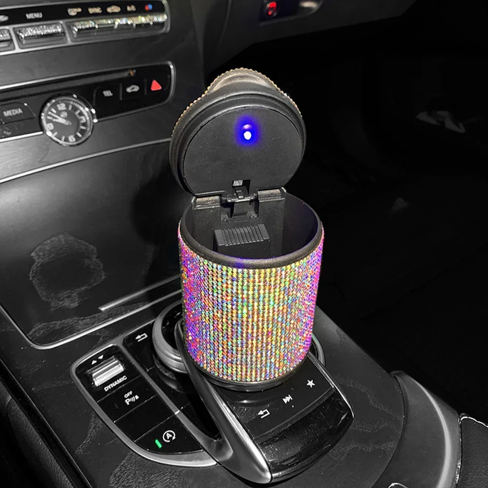 Luxury Crystal Car Ashtray with Led Light Diamond Portable Ash Tray with Cover Auto Decoration Bling Car Accessories for Women