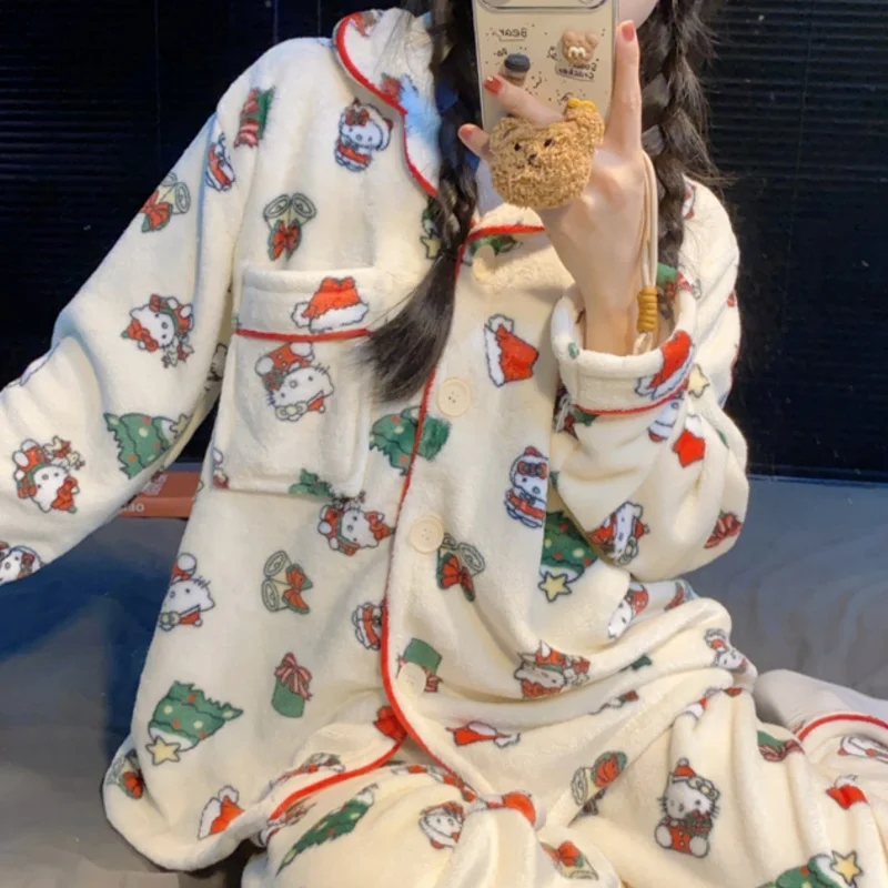 Anime Sanrio Cartoon Pajama Pants Merry Christmas Hello Kitty Flannel Pajama Pants Casual Christmas Day Gift Home Pants Trousers