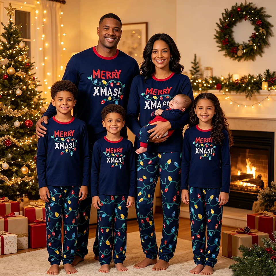 New Merry Xmas Graphic Family Matching Pajamas for Whole Family Comfortable Nightwear Mom Dad Son Daughter Infant Pajama Outfits