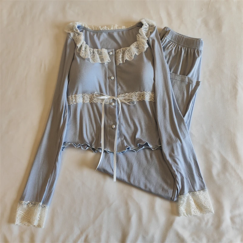 Women's Modal Sleepwear Set with Chest Pad Long Sleeve Home Clothes Autumn Winter Sexy Lace Home Clothes Youth Pure Color