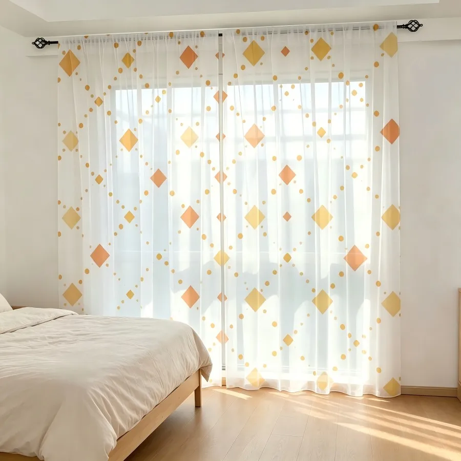 2PCS Digital Print Sheer Curtain, Gold Orange Diamond Geometric Shape Window Drapes for Living Room Bedroom Home Decor