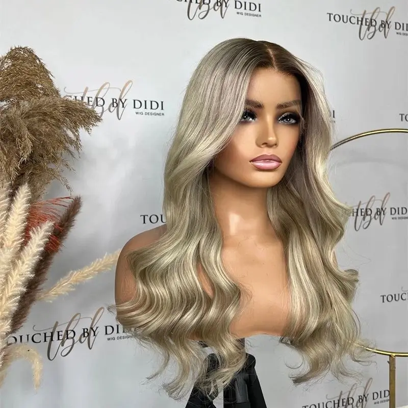 High Density Wig Highlight Ombre Ash Blonde Middle Part Synthetic Lace Front Wig Large Small Size Cap Heat Resistant Fiber Wigs