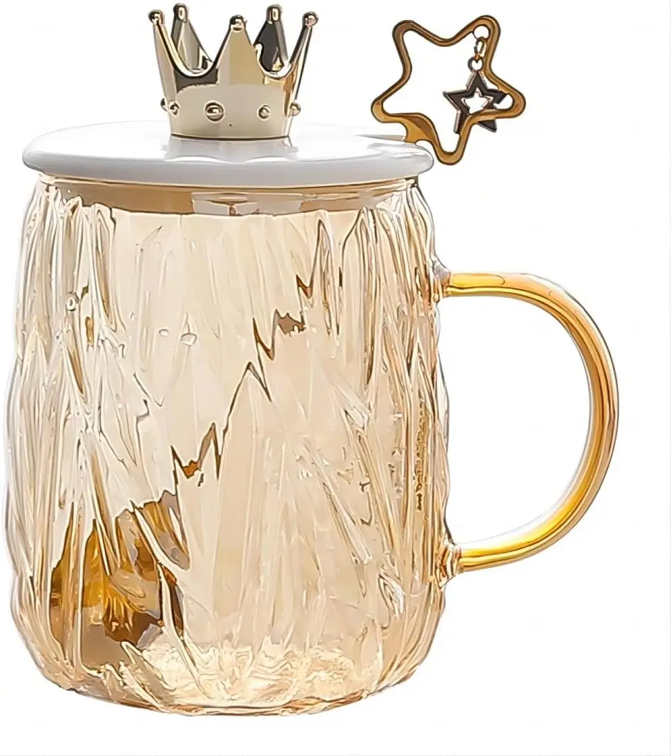 

Cute Mug with Lid and Spoon High Borosilicate Glass Cups Heat-resistant Office Milk Coffee Glass Tumbler Ladies Cups Cup Crown V