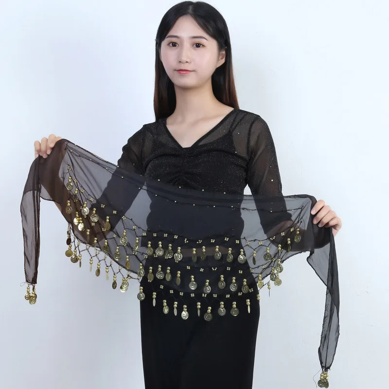 

In Stock Belly Dance 72 Coins Waist Belt-Women's 3-Layer Chiffon Indian Dance Hip Scarf-Adjustable Waist Chain Costume Accessory