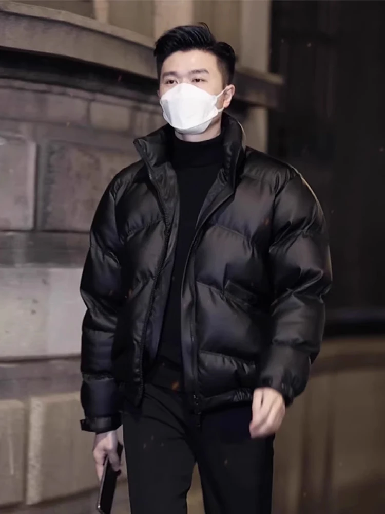 

Men's ort PU Leather Stand Collar down Cotton Jaet Thi Warm Faion Brand Winter Outerwear Stand Fit Pure Polyester