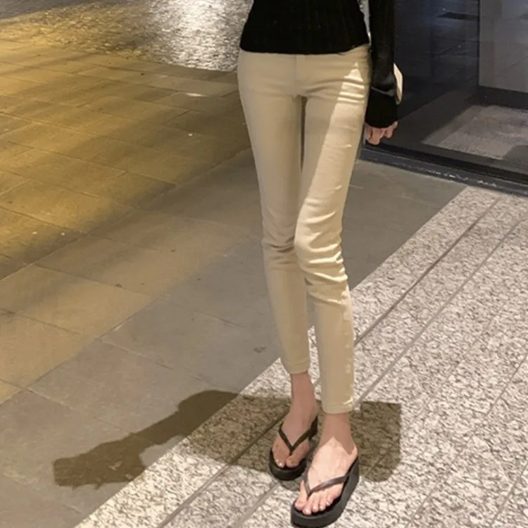 

Сексуальные расклешенные джинсы на бедрах, тонкие леггинсы цвета хаки, джинсовые женские утягивающие брюки из девяти предметов в стиле ретро, женские модные хлопковые эластичные брюки