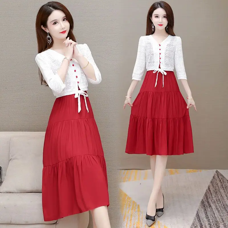 2024 New Summer Fashion 2-piece Set Red Dress Chiffon Long A-line Pleated Women's Party Skirt and Solid Coat Clothing L28