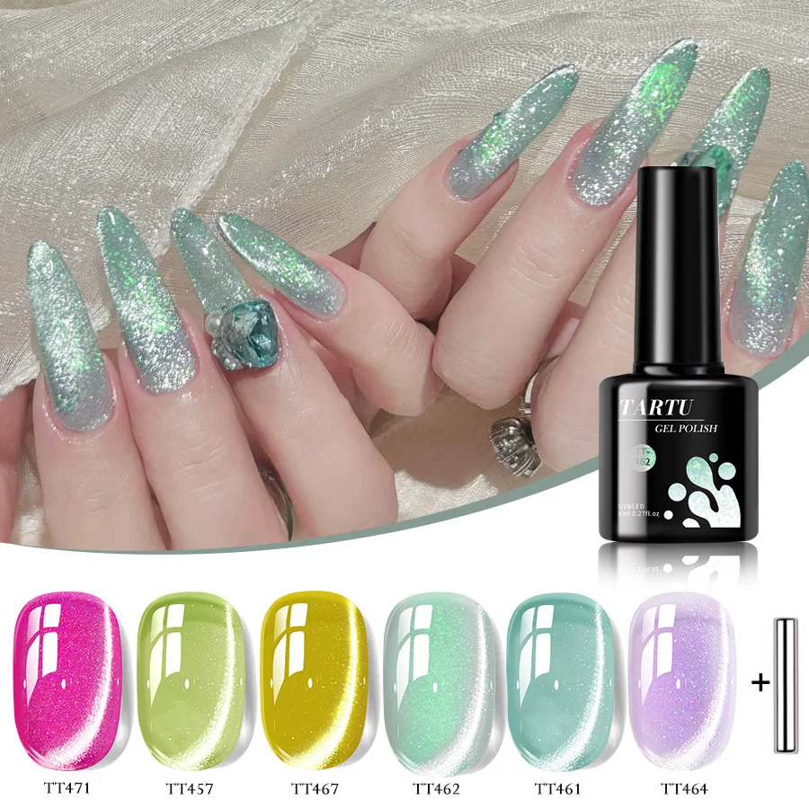 Cat Eye Gel Nail Polish Set 6pcs, Pink Green Purple 6 Colors Semi-permanent Gel Polish Kit, Soak Off Uv/Led,Nail Art Manicure