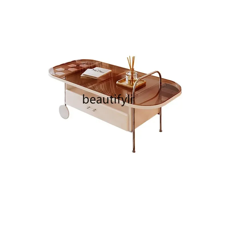 

XZ1zq Glass Tea Table Combination Living Room Home Small Apartment French Cream Style round Tea Table