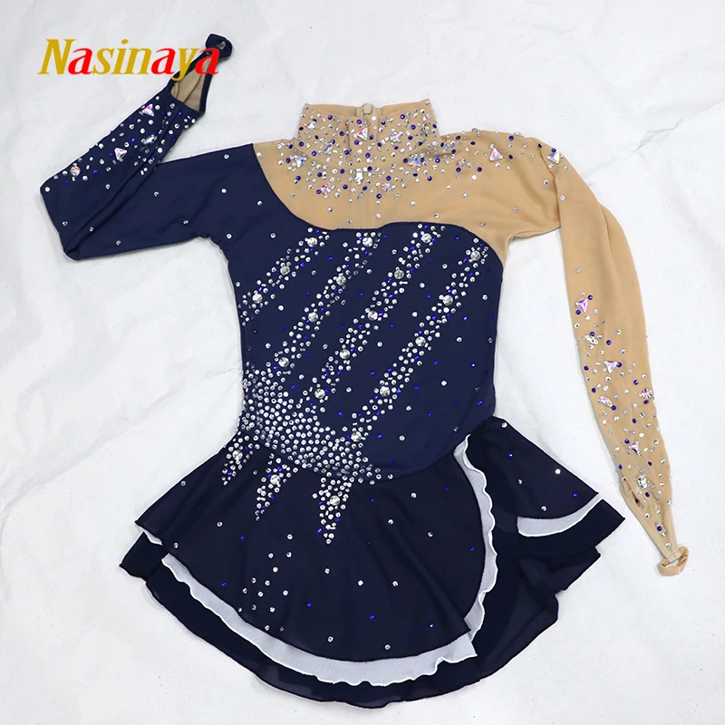 Figure Skating Dress Ice Skating Skirt Customized Girl Kids Dance Dress Long Sleeve PInk Color Shiny
