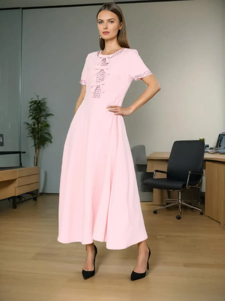 

women's elegant embroideried flares bowknot maxi dress crew neck short sleeve a-line swing dress