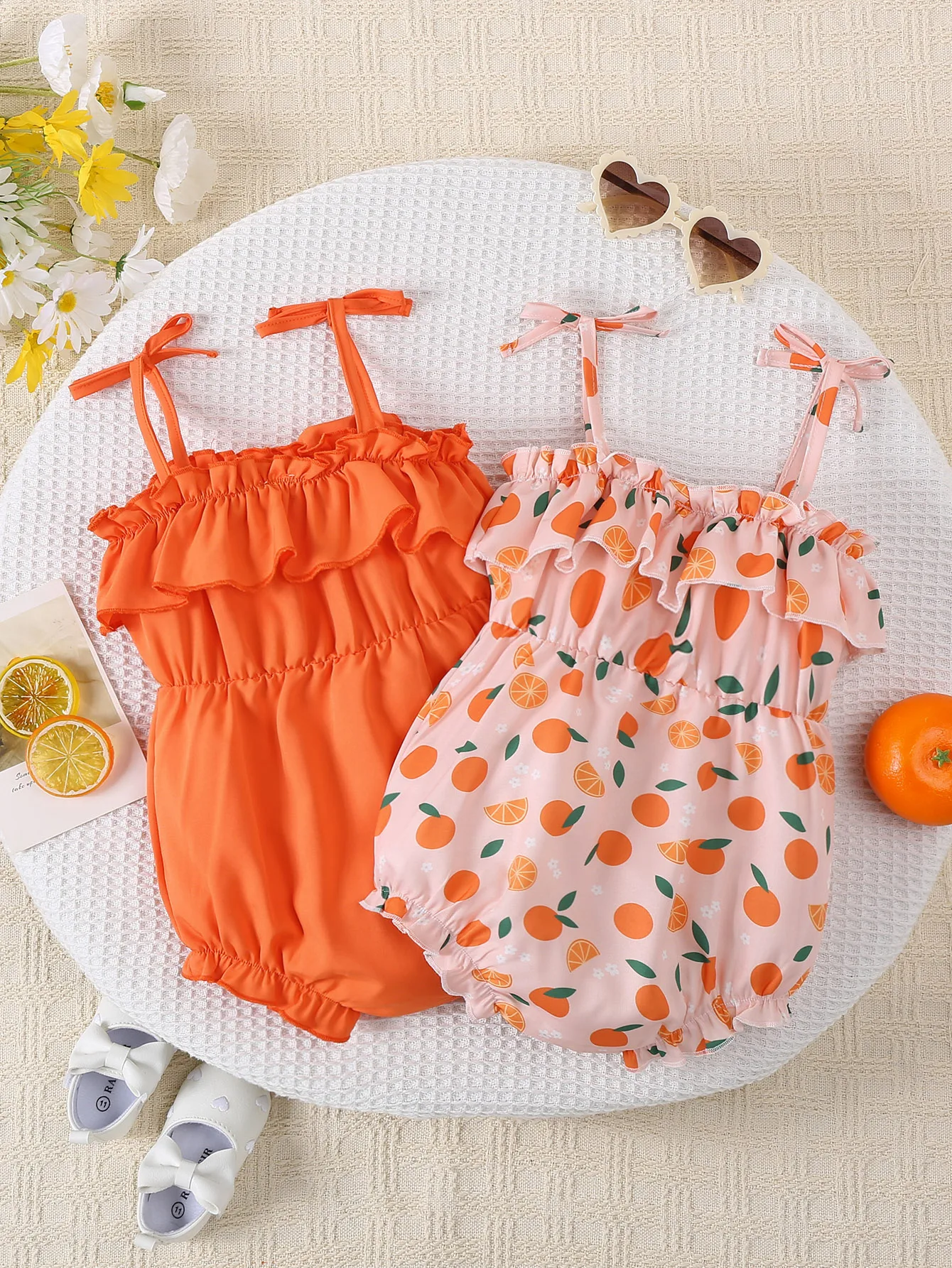 2-piece combo baby girl cute summer refreshing orange full print suspender triangle jumpsuit summer