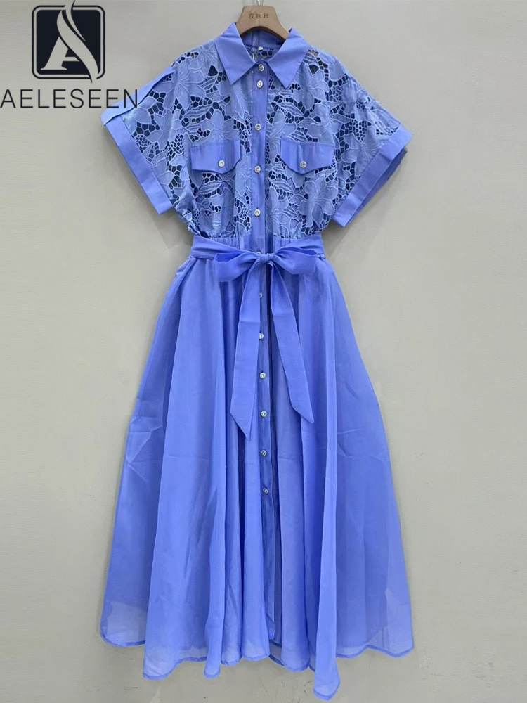 

AELESEEN Vintage Summer Midi Dress Women Short Sleeve Turn-down Collar Single-Breasted Embroidered Flower Lace Loose Casual