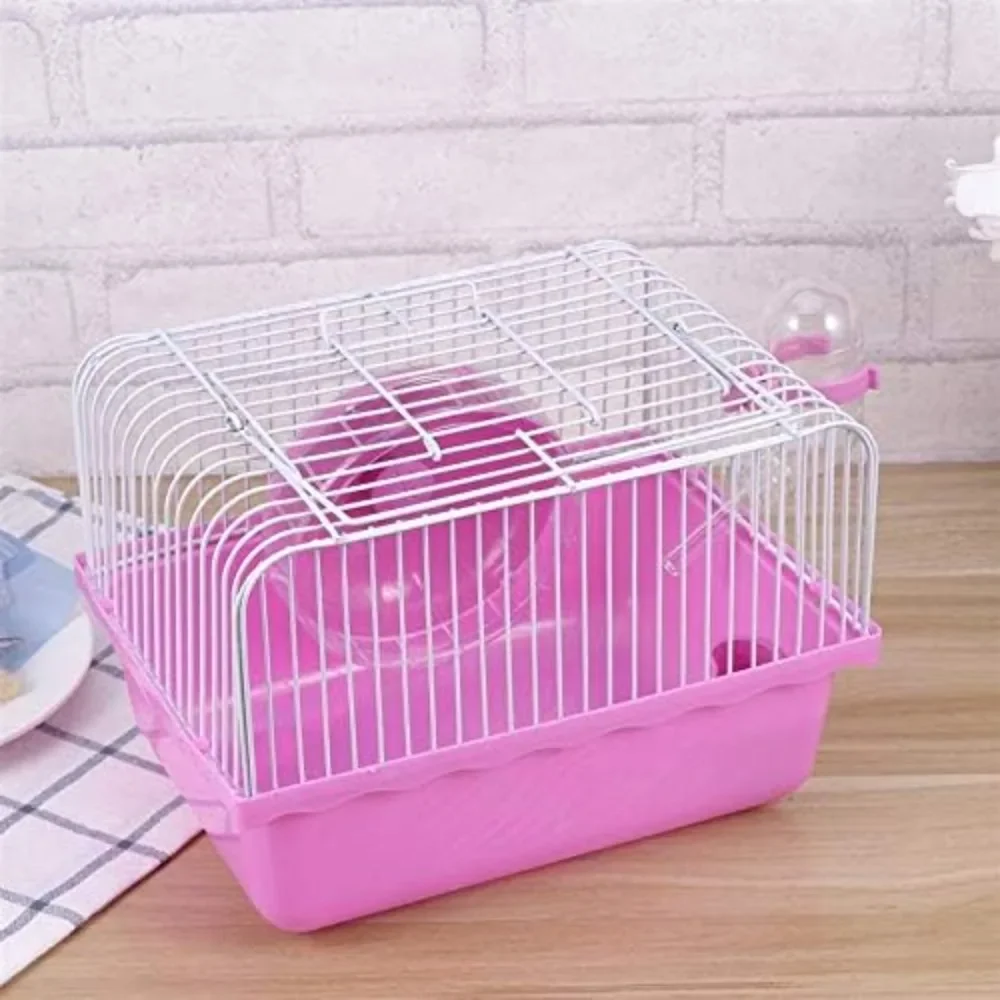 Pet Hamster Cage with Running Wheel Water Bottle Food Portable Carrier House Mice Home Habitat for Going Out, Traveling (Pink)