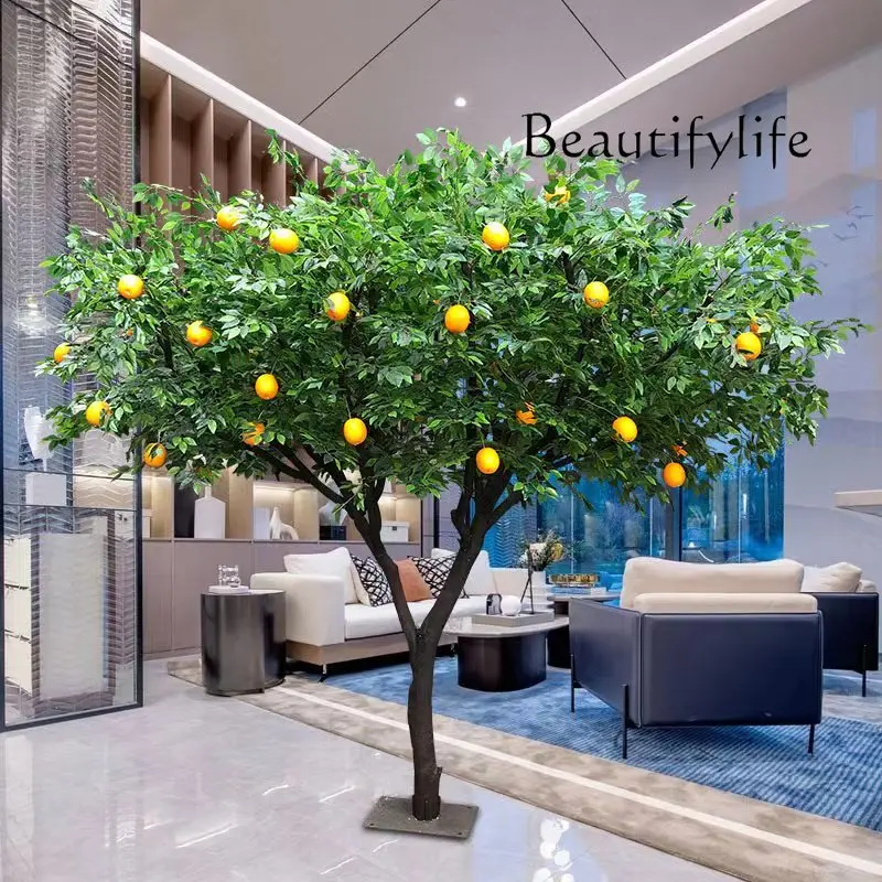 Simulated lemon tree fake pomegranate fruit decorative bonsai natural solid wood large-scale customization