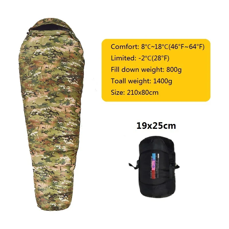 Camouflage Mummy Style Sleeping Bag Portable Duck Down Adult Sleeping Bag Fit for Winter Thermal Outdoor Camping Travel Gear