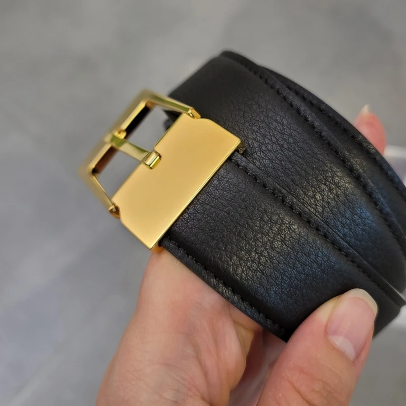 

Imported First Layer Nappa Calf Leather Black Gold Square Buckle Belt