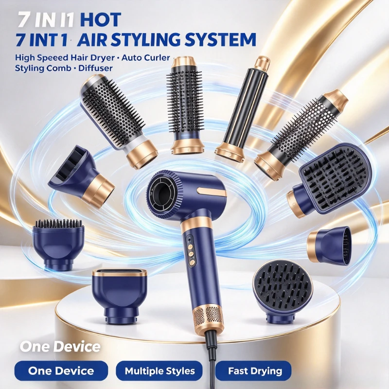 7 In 1 Hair Dryer Brush Brushless High Speed Hair Dryer with Diffuser Ionic Blow Dryer Hot Air Styling Comb Auto Hair Curler
