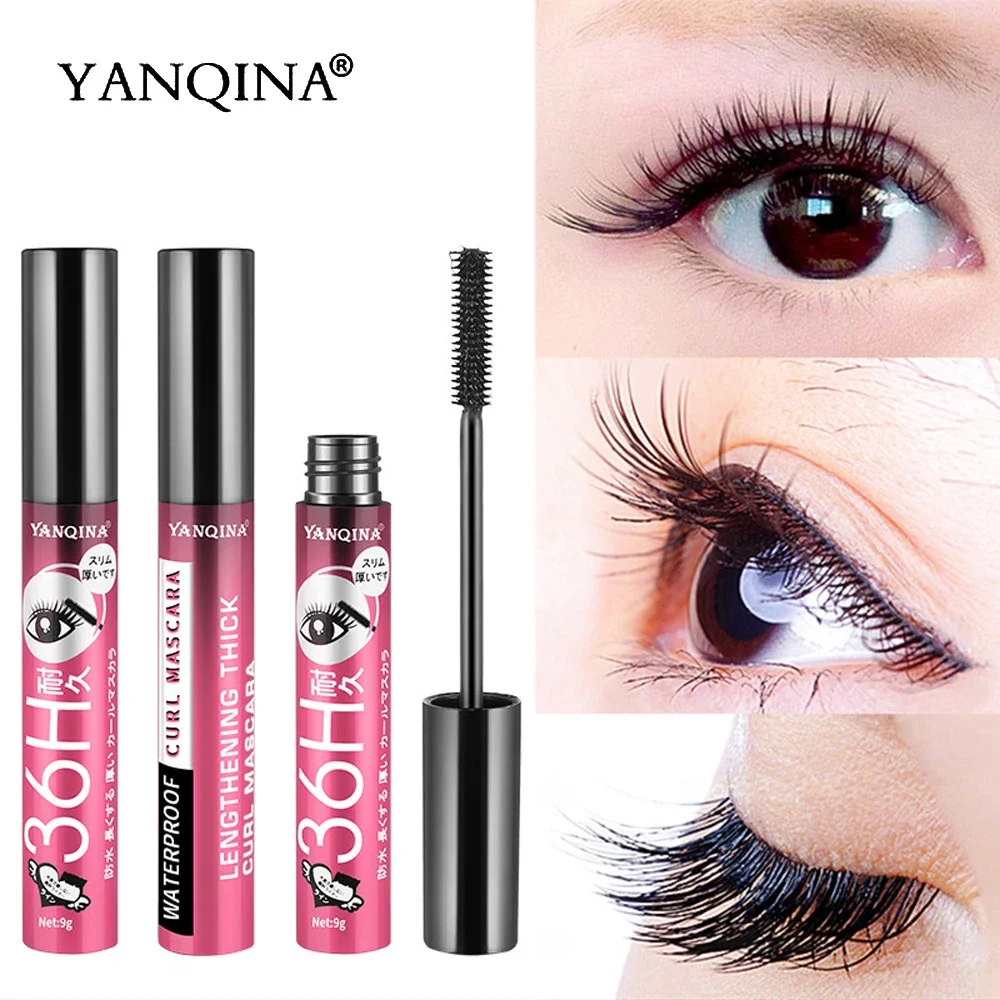 YANQINA 36H Black Waterproof Mascara Silk Fiber Lash 3D Makeup Eyelash Extension Black Thick Lengthening Cosmetic Eye Lashes