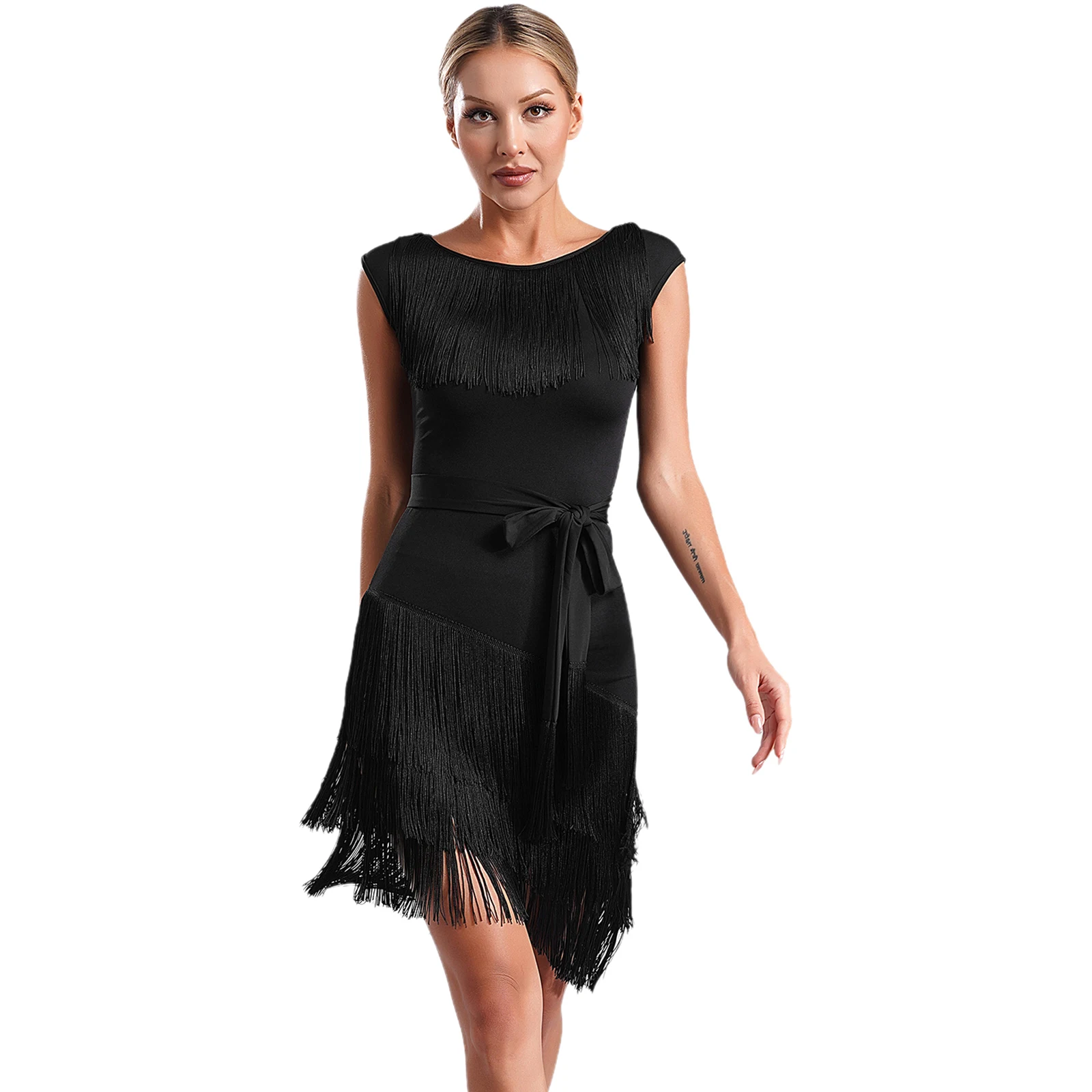 Women Elegant Latin Dance Performance Costume Round Neck Sleeveless Asymmetrical Hem Tiered Tassel Dress with Shorts Belt