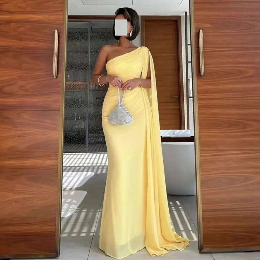 Mermaid Yellow Chiffon Prom Dresses One Shoulder Specail Party Women Prom Gowns Floor Length Formal Evening Dress