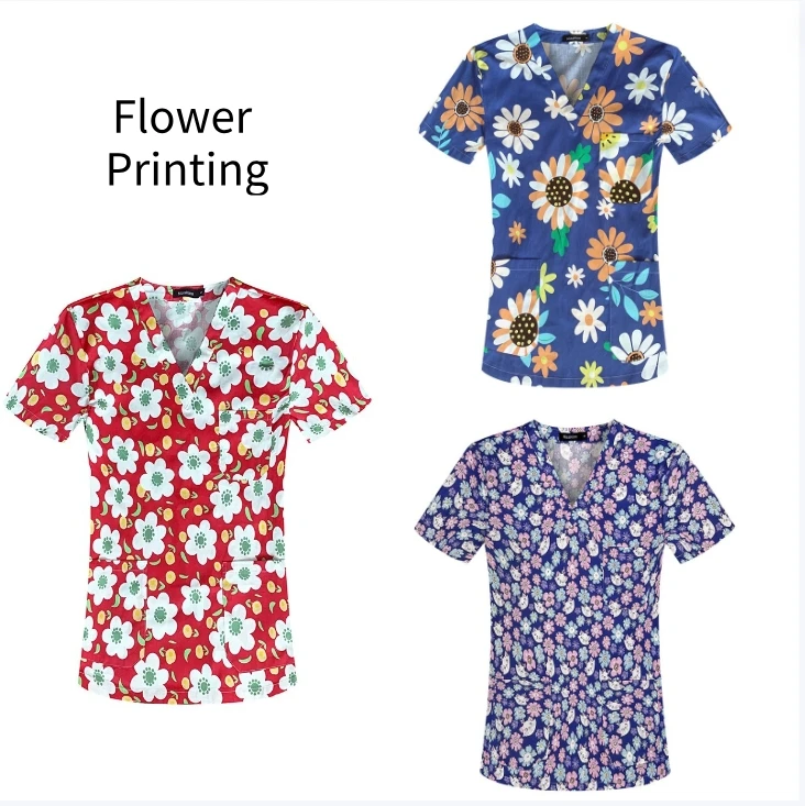 

Thin Cotton Surgical Tops Flower print Doctor Scrub Tops Unisex Dental Pet Grooming Agency Medical Uniform Nurse Work Top Blouse