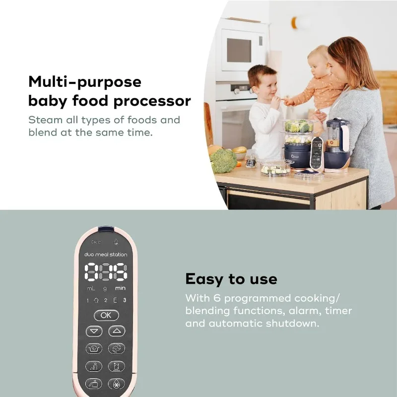 Babymoov Duo Meal Station XL، محضر طعام 6 في 1 مع جهاز بخار، خلاط متعدد السرعات، أكثر دفئًا، مزيل الصقيع ومعقم، وردي