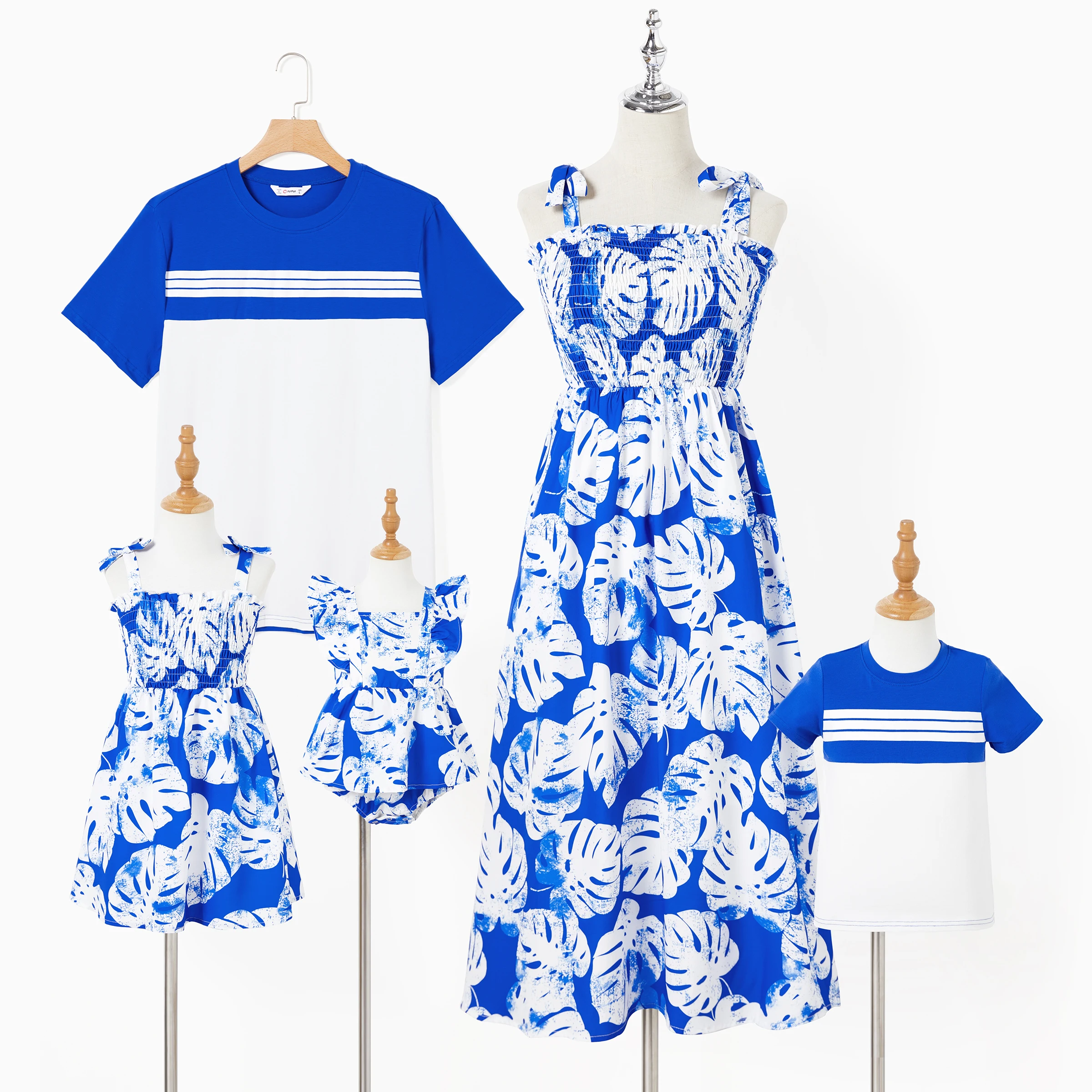 PatPat Family Matching Color Block Tee and Blue Leaf Pattern Shirred Top Strap Dress Sets